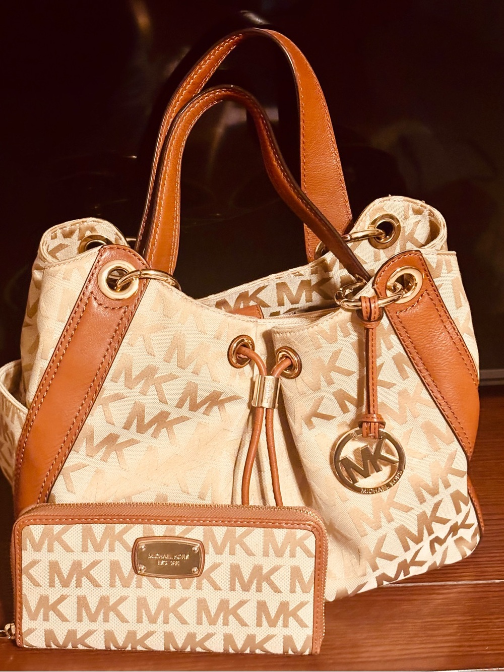 Michael Kors Cream & Tan MK Signature Drawstring Tote with Matching Wallet